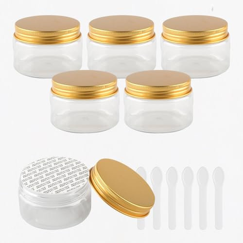 PQPAUTY 6 Pièces Vides Petit 150 ml Transparent Cosmétique Pot en Plastique avec Couvercle Or 150 g Pots de Cosmétique Crème de Bouteille Contenant avec 6x Spatules