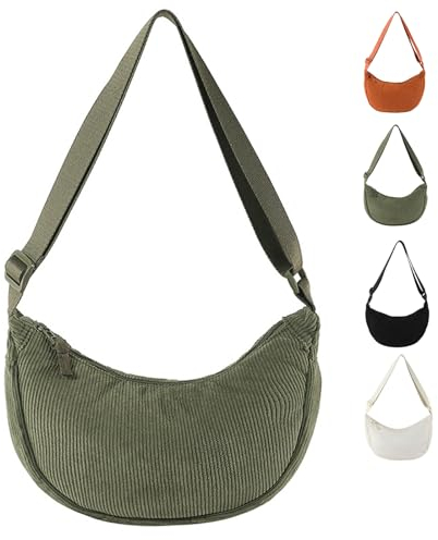 LOCCY Crossbody Bag Damen Cord, Halbmond Tasche Damen Cord, Einfarbige Halfmoon Bag Kord mit Verstellbarer Schultergurt für Frauen Reisen (Armeegrün)