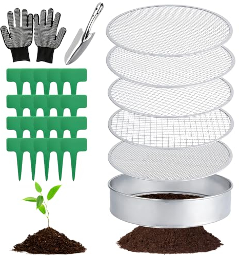 Gartensieb Rund, 5 in1 Gartensieb Edelstahl 30 cm, mit 5 Austauschbare Siebeinsätze Ø 3,6,9,10,12 mm, kompostsieb rund metall, inklusive Gartenschaufel und 20 Pflanzenetiketten 1 Paar Handschuhe.