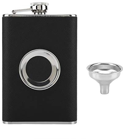 Frasco de chupito de acero inoxidable de 8 oz con embudo de vidrio plegable y cuero negro - Juego de petaca de gran capacidad para viajeros