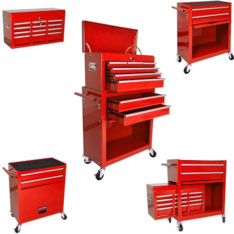 EastVita, Rollschrank mit 8 Schubladen und abnehmbarer Oberseite, Box mit Innenfutter, verstellbarer Regal, Verriegelungsmechanismus, Parkbremsen, Werkzeugwagen für Garage, Werkstatt, Heimwerken, Rot