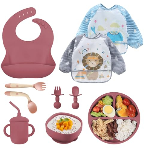 Set de Repas Bébé 10 Pièces avec Assiette et Bol Ventousés | Assiette Compartiments en Silicone Antidérapante, Bavoir, Cuillère d'Apprentissage | Rose