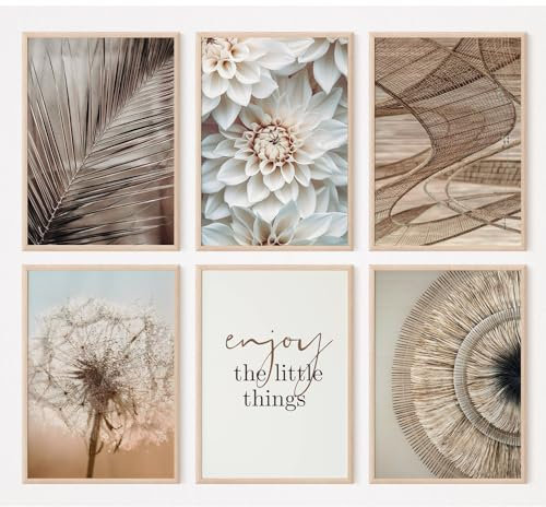 FAVELOT Poster Set A4, Wandbilder Wohnzimmer - Boho Bilder beige weiß, Bilder mit Sprüchen, Bild Pusteblume, Poster Blumen Palme, 6x Din A4