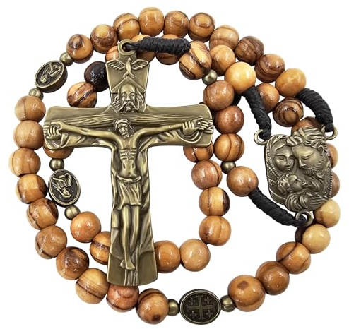 TALISMAN4U Rosario cattolico in legno di ulivo, in bronzo, crocifisso della Santissima Trinità, centrotavola della Sacra Famiglia, medaglie, rosario da uomo, in Terra Santa, regalo religioso,