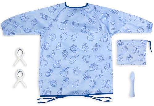 Nooni Care Baby Weaning Bib with Sleeves - Waterproof, Mess-free, Long Sleeve Coverall Bibs for Ages 6-36 Months, Clips to Highchairs | Toddler Feeding Bibs Apron with Weaning Spoon, Blue