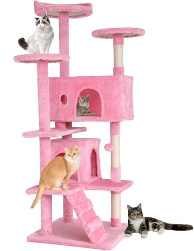FDW Arbre à Chat Hauteur 177 cm Tour de Jeux pour Chat avec 2 Niches 3 Plateformes 2 Boules en Sisal Arbre à Grimper Multi-Niveaux Idéal pour 3-4 Chats Gris Rose