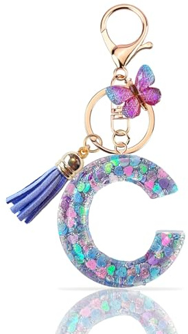 TRAVELKNOT Schlüsselanhänger Buchstabe Mädchen Damen Süß Quasten Schmetterling Keychain Schultasche Auto Personalisierte Geschenke Lila
