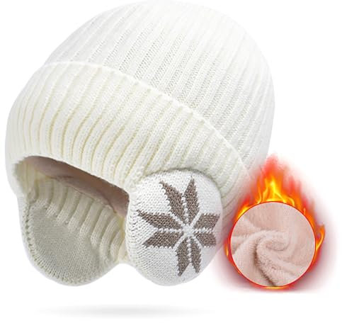 Malaxlx Weiß Herren Damen Wintermütze Strickmütze mit Ohrenklappen - Warme Wintercap Skimütze Beanie für Männer und Frauen