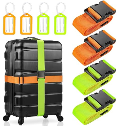 4 Sangle Valise, Sangle Valise Voyage avec 4 Etiquette Valise Voyage, Réglable Sangles à Bagage Accessoire Voyage Avion pour Reconnaître Rapidement