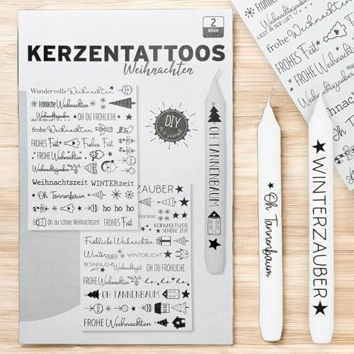 MIJOMA Kerzentattoos Weihnachten - Einfach anzubringen, reißfest, festlicher Glanz, kreative Designs, Wasserschiebefolie für Adventskerzen, 4x DIN A5 - Hochwertige Weihnachtskerzen Sticker