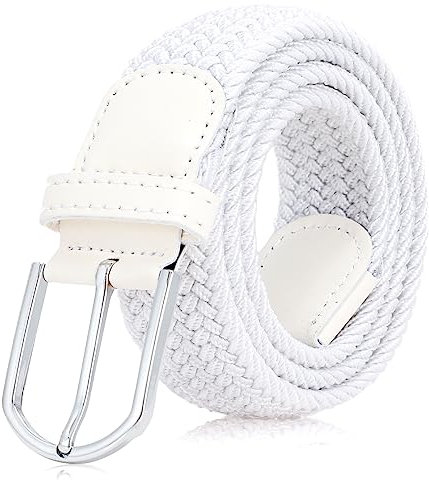 VONMELLI damen gürtel stretchgürtel damen Herren Elastischer Stoffgürtel Geflochtener Verstellbarer Flechtgürtel Damen mit Goldschnalle für Jeans Hosen Shorts Kleid Weiß mit silberner Schnalle XL