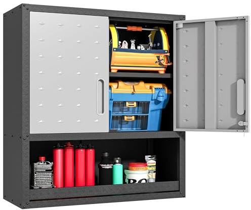 BIZOEIRON Werkzeugschrank Hängend, Metall Wandschrank mit 2 Türen Und Offene Lagerung, Hängeschrank für Garage, Werkstattschrank Wand, Montage Erforderlich, Schwarz & Grau