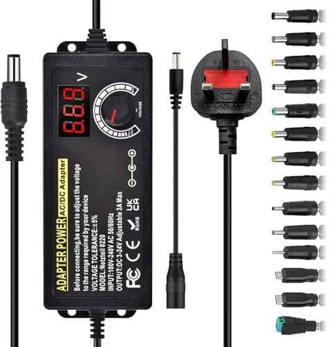 Power Supply 3A 72W Adjustable Variable AC/DC Adapter Charger, 100V-240V AC to DC 3V~24V Converter with LED Voltage Display & 14 Tips & Polarity Converter