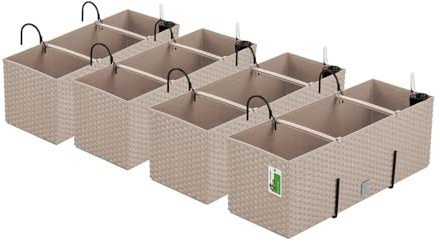 PAFEN 4X Blumenkasten Blumentopf Rattan-Optik mit Halterungen Pflanztopf Wasserstandsanzeiger Balkonkasten Pflanzkästen Mocca