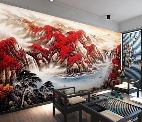 Tzxztt Peinture à L'Huile Forêts Rouges Montagnes Papier Peint 3d Moderne En Soie GaufréE MatéRiau IdéAl Pour Le Salon Et La Chambre à Coucher-300cm×210cm