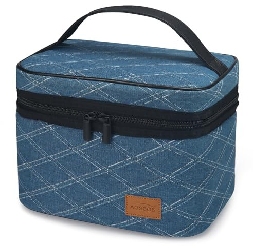 AOSBOS Sac Repas Isotherme pour Femme Homme, Lunch Bag avec Pochette de Rangement Sac-déjeuner Portable pour Travail, Pique-nique, Camping, Extérieur, Denim Blue à Carreaux