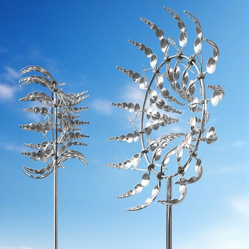 SGZIOO Magische Windmühle, 3D Windrad Garten Metall, Einzigartige und Magische Windmühle Garten, Windspiel Garten für Patio Rasen Garten Dekoration, Silber