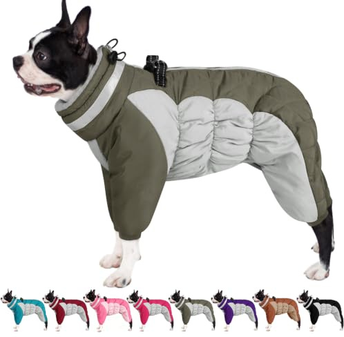 AOFITEE Winteroverall für Hunde - Wasserdichter Hundemantel für Mittelgroße Hunde mit Beinen, Winter Warmer Hundejacke mit Geschirr Gefütterter Hundeoverall, Wintermantel Hund für Boston Terrier, M