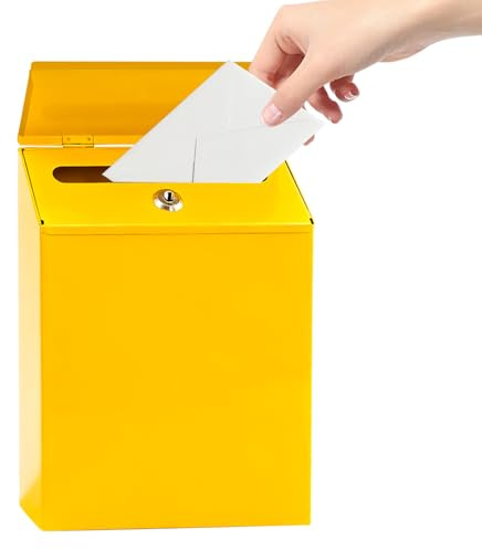 Wandbriefkasten Metall, 22 * 6.5 * 29cm Postkasten mit Schloss Klein, Dekorativer Briefkasten Bunt mit Schlüsseln, Eisenkunst Zaunbriefkasten für Zuhause Büro Garten Außendekoration(gelb)