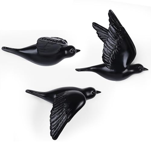 SHENGTIAN 3D Vögel Wanddeko 3er Set, Schwarze Wanddekoration aus Harz, Fliegende Vögel Wandkunst für Wohnzimmer Schlafzimmer Büro, Modernes Wandbild Geschenk