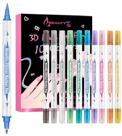 10 Glitter Color 3D Nail Polish Pens Glitter Dual Tipped Nail Art Pen Drawing Liner Graffiti Dotting Painting Pen Liner Brush for DIY Nail Art Beauty