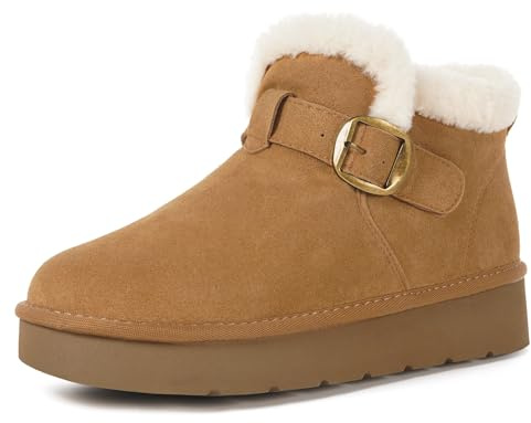Dokela Bottes Hiver Femme Daim Suède Cuir Véritable Boots Chaud Fourrure Doublure Imperméable Confort Bottines de Neige Fermeture Chaussures Extérieur Antidérapant