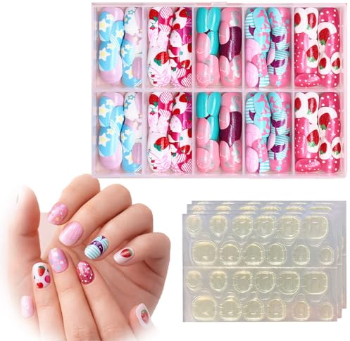 Press On Nails, Short False Fingernails, 120 Pieces, 12 Patterned Designs | Adhesive Tabs Included, 12-Compartment Storage Case, Fruit And Floral Motifs, For Home Manicures And Social Events