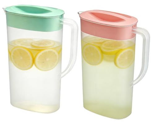 Lot de 2 pichets à eau froide de 2 l avec couvercle, carafe à jus avec couvercle en plastique polypropylène, théière de 2 l, pichet de réfrigérateur transparent, pour limonade, lait, boissons chaudes