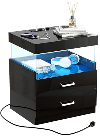 Hyaapwod Nachttisch Schwarz mit Steckdose, Nachtschrank Hochglanz mit LED-Leuchten, Beistelltisch Holz, mit 2 Schubladen, mit 2 AC-Anschlüssen und 2 USB-Anschlüssen, Schwarz