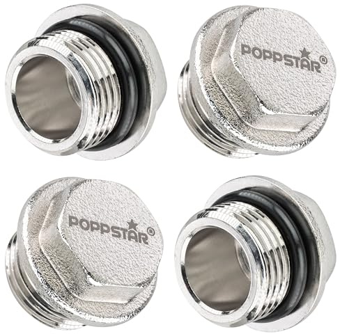 Poppstar Messing Blindstopfen (BSP AG 3/8 (16,66mm), bis 50bar, 16mm Sechskant) mit selbstdichtendem O-Ring 3/8, 4 Stück