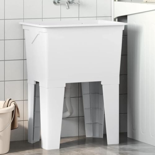 LoogCape Cesto portabiancheria bianco, 59 x 41 x 75 cm, in resina, con troppopieno, lavatoio e portasapone, per lavanderia, giardino, garage, campeggio, camper, in materiale PP resistente