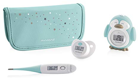 Miniland - Thermokit. Set de tres termómetros digital para bebé con práctico neceser con Termómetro chupete, Termómetro corporal, Termómetro baño (Azure)