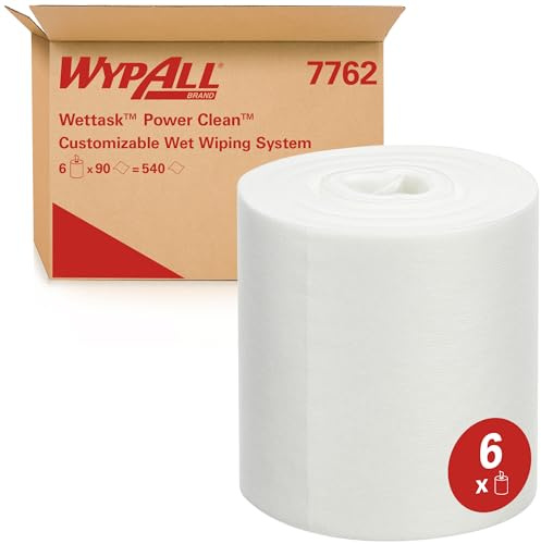 WypAll Wettask Power Clean Reinigungstücher für Lösungsmittel 7762 – industrielle Reinigungstücher – 6 Rollen x 90 weiße Reinigungstücher (insg. 540)