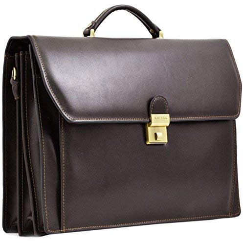 Katana - Cartable 3 Soufflets en Cuir - Marron foncé - 39 x 30 x 13 cm - Marron
