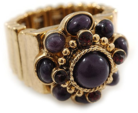 Bague flex florale cristal, pierre verre pourpre vintage en finition or brûlé - diamètre 20mm