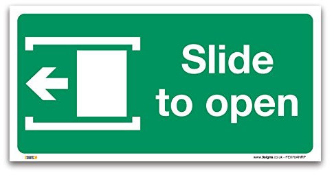 Slide to open left Fire exit Sign, 1mm Rigid Plastic 100x50mm, British Standard Fire Safety Door Signs