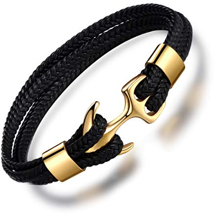 MicLee Herren Handgefertigt Anker Armband Fashion Männlich Echtlederarmband mit Edelstahl Graviert mit Geschenk Box