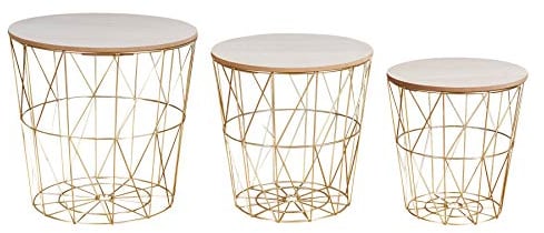 levandeo 3er Set Beistelltisch Metall Metallkorb Drahtkorb Gold Couchtisch Deckel Aufbewahrung Design Deko Tisch