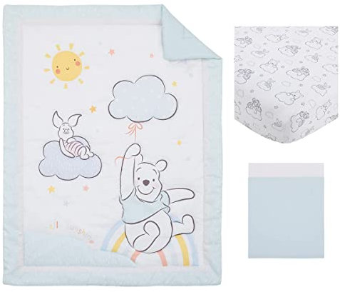 Disney Winnie The Pooh Hello Sunshine Multi-Colored Rainbow, Yellow Sun & Blue Clouds 3Piece Nursery Crib Bedding Set - Comforter, Fitted Crib Sheet & Crib Skirt, Aqua, Yellow, Orange, White