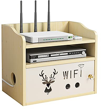 Hggzeg Multi-layer Desktop Wooden WiFi Router Storage Rack with Shutter - Set-Top Box Remote Control Power Cord Socket Shelf (Jlo5, White Maple Wood)