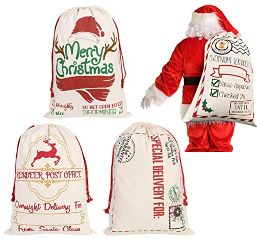 LATERN 3 Piezas Bolsa Bolsa De Lona Santa Sack con Cordones Rojos - Bolsas De Entrega Exprés De Alce Navideño De 3 Estilos Tamaño Extra Grande 70 x 50cm