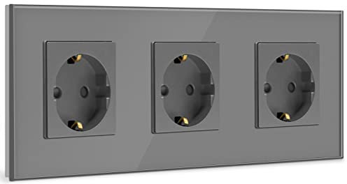 BSEED Schuko Steckdose 3 Fach Kristall Glas Platte Steckdose Glas Schuko Dreifach Steckdose 16Amp Steckdose 228 mm Grau Verlängerungssteckdosen Wandsteckdose