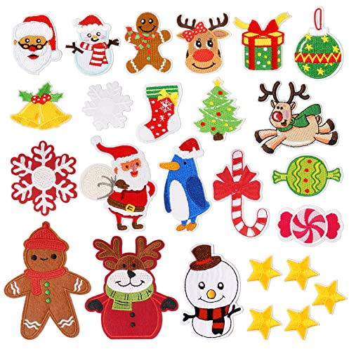 BETESSIN 25 Stücke Weihnachten Patches zum Aufbügeln Weihnachtsapplikation Flicken Aufnäher Patches Kinder Reparatursatz Flicken Aufbügelflicken für Jeans T-Shirt Hut Tasche DIY Stickerei Zubehör
