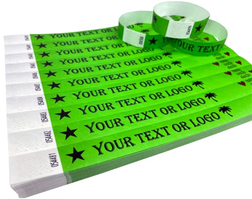 10 Braccialetti Verde neon Polsini stampati personalizzati di Tyvek con il vostro testo o logo personalizzato per eventi, feste, festival, ID