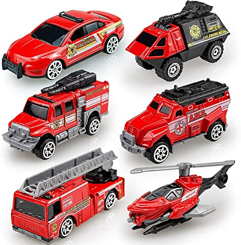 Tcvents 6P Fire Engine Set, Alloy Metal Fire Truck Model Car Toys for Boys, Mini Emergency Rescue Playset for Age 3+