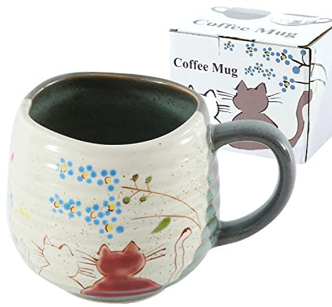 HAKONE YOSEGI japanese tea cup cat Mug Kutani Yaki(ware) Coffee Mug Sunny Place (White, 1)