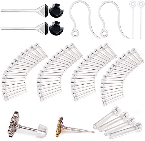 108 Pieces with Silicone Earring Allergy Sleeve for Sensitive Ears with 4 Sizes Anti-Allergy Sleeve and Posts and Hoots and Backs and Black Zircon