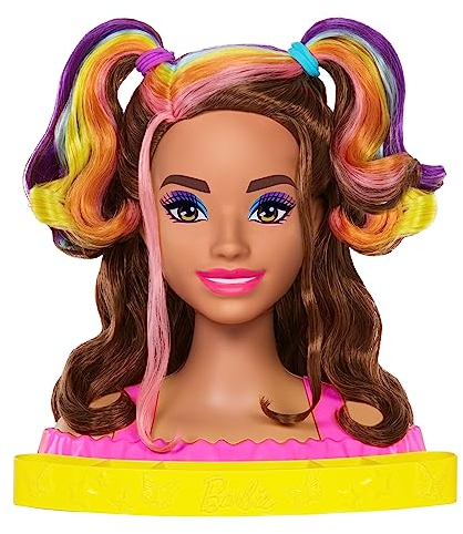 Barbie HMD80 Puppe Deluxe Styling-Kopf, Totally Hair, wellige braune Neon-Regenbogen-Haare, Puppenkopf für Haar-Styling, Color Reveal-Zubehörteile, ab 3 Jahren