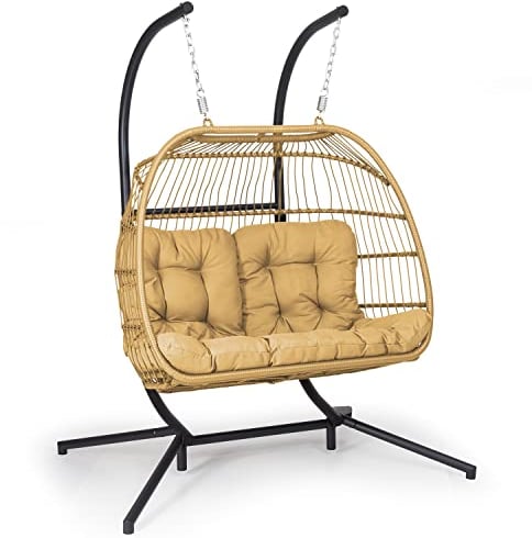 blumfeldt Hängesessel, Hängeschaukel für 2 Personen mit Polyester Sitzkissen Hängesessel mit Gestell, Bequemer Balkon Hängestuhl, Hängesitz Rattan-Schaukel, Hängesessel Indoor & Outdoor Wetterfest