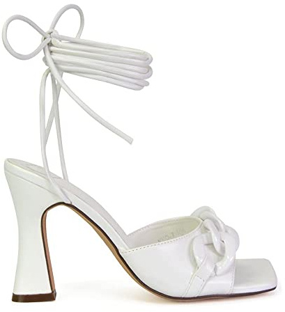 Womens Lace Up Sandals Ladies Block Heel Square Toe Chain Strappy Shoes Size 3-8 White Synthetic Leather